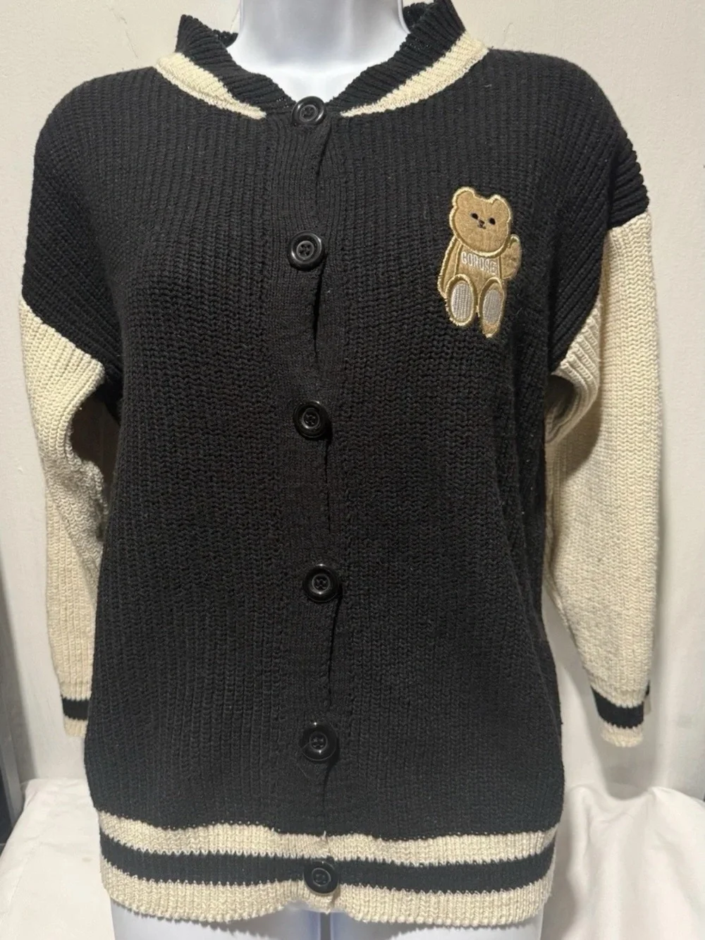 Black & Cream Teddy Patch Button-Up Cardigan Sweater